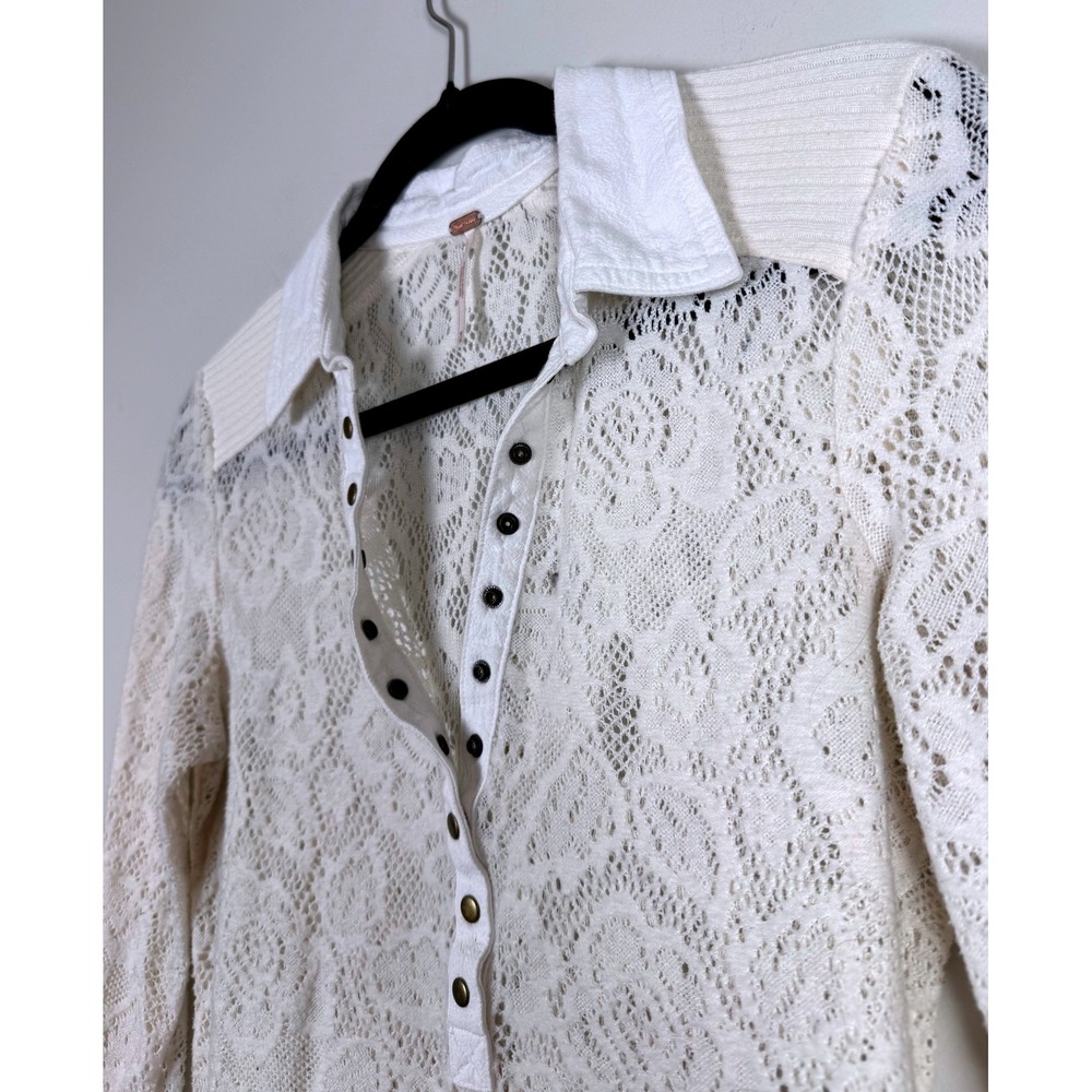 Free People Cream Lace Collared Henley Shirt Long Sleeve Size M - Picture 6 of 6